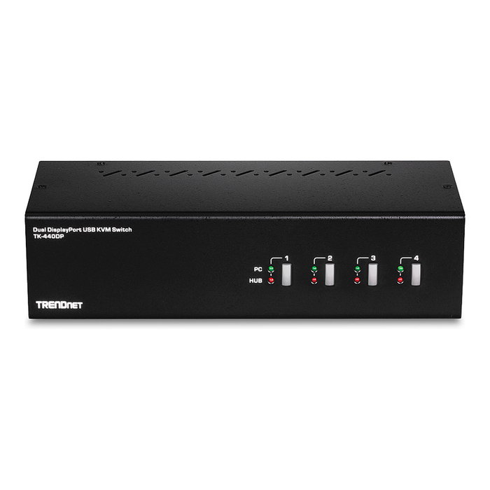 TRENDnet TK-440DP Switch KVM 4 Puertos DisplayPort 1.2 para 4 PCs, Dual Monitor 4K Ultra HD @144Hz, con Hub USB, Audio y 4 Puertos Ethernet, Color Negro/Plata