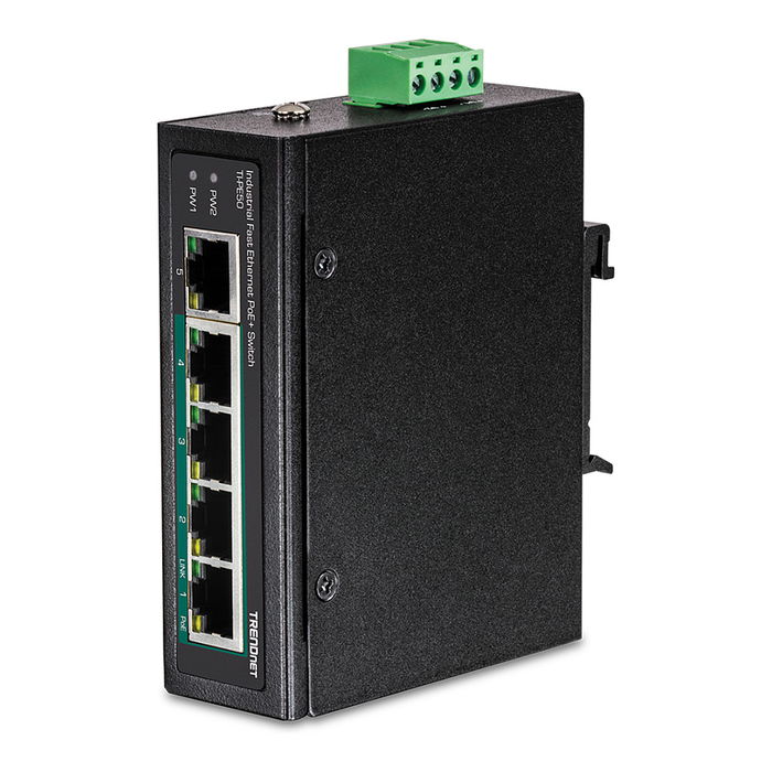 TRENDnet TI-PE50 Switch Industrial No Administrado 5 Puertos Fast Ethernet PoE+ 90W, Montaje en Carril DIN o Pared, IP30, Metal Negro TRENDnet TI-PE50 Switch Industrial No Administrado 5 Puertos Fast Ethernet PoE+ 90W, Montaje en Carril DIN o Pared, IP30, Metal Negro