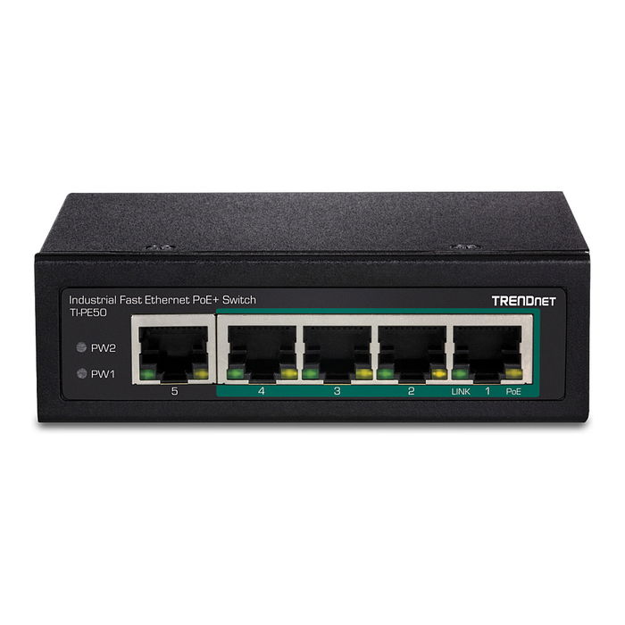TRENDnet TI-PE50 Switch Industrial No Administrado 5 Puertos Fast Ethernet PoE+ 90W, Montaje en Carril DIN o Pared, IP30, Metal Negro TRENDnet TI-PE50 Switch Industrial No Administrado 5 Puertos Fast Ethernet PoE+ 90W, Montaje en Carril DIN o Pared, IP30, Metal Negro