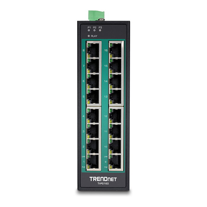 TRENDnet Switch Industrial TI-PG160, 16 Puertos Gigabit PoE+ No Administrado, Montaje Carril DIN, 240W, Full Duplex, IP30