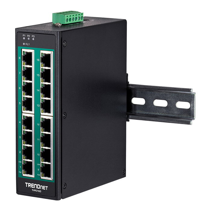 TRENDnet Switch Industrial TI-PG160, 16 Puertos Gigabit PoE+ No Administrado, Montaje Carril DIN, 240W, Full Duplex, IP30