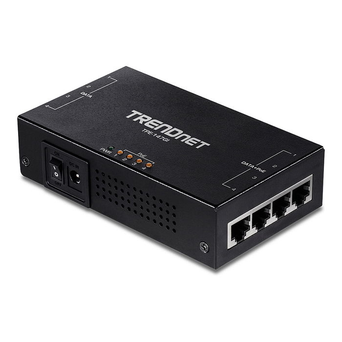 TRENDnet TPE-147GI Inyector PoE+ Gigabit 65W 4 Puertos Ethernet LAN, Negro, IEEE 802.3af/at