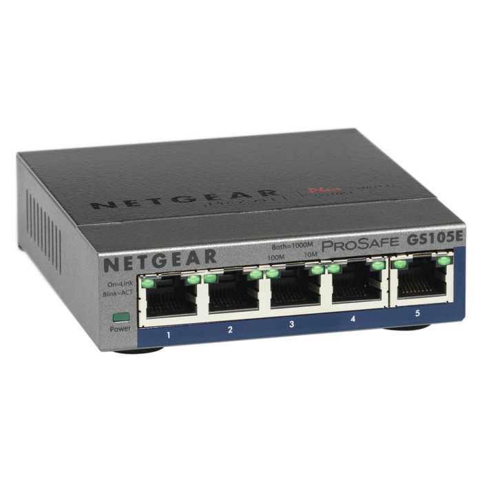 NETGEAR GS105E-200PES Switch Gigabit Ethernet Gestionado L2/L3, 5 Puertos, Full Duplex, QoS, VLAN, Gris