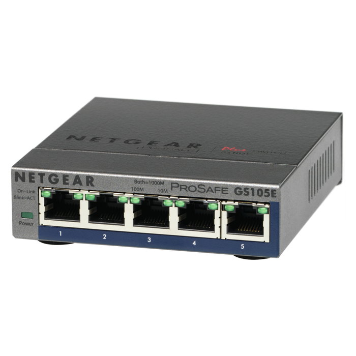 NETGEAR GS105E-200PES Switch Gigabit Ethernet Gestionado L2/L3, 5 Puertos, Full Duplex, QoS, VLAN, Gris