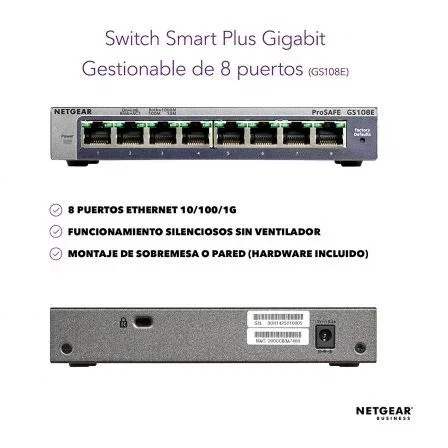 SWITCH SMART MANAGED PLUS NETGEAR GS108E-300PES - 8 PUERTOS GIGABIT - VLAN - QOS - COMPATIBILIDAD JUMBO FRAME SWITCH SMART MANAGED PLUS NETGEAR GS108E-300PES - 8 PUERTOS GIGABIT - VLAN - QOS - COMPATIBILIDAD JUMBO FRAME