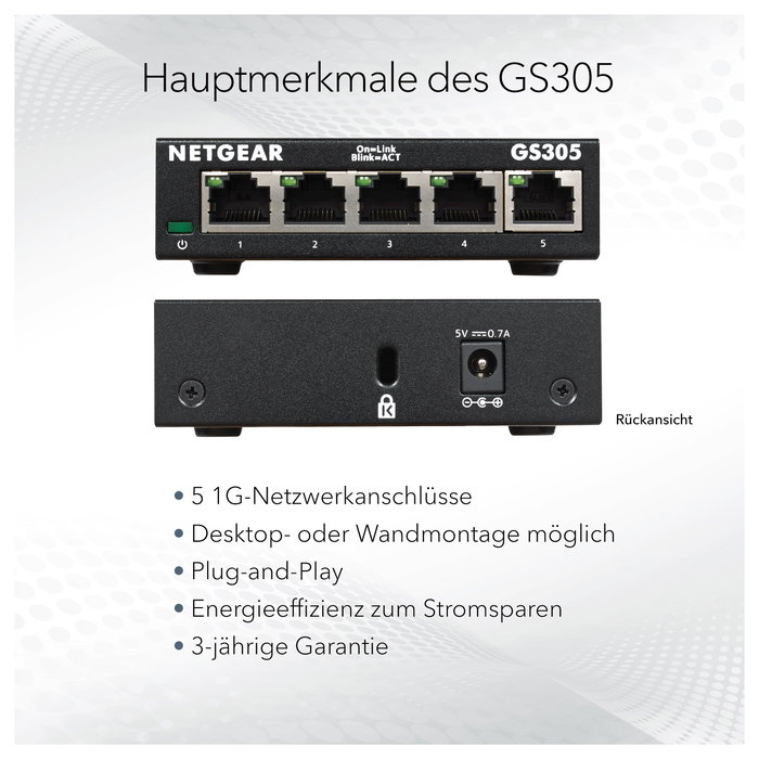 NETGEAR GS305 Conmutador Gigabit Ethernet de 5 puertos, No administrado, Negro NETGEAR GS305 Conmutador Gigabit Ethernet de 5 puertos, No administrado, Negro