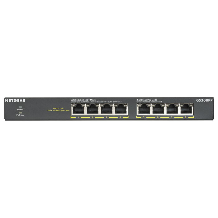 NETGEAR GS308PP - Switch PoE+ Gigabit No Administrado de 8 Puertos, 16 Gbit/s, 130W PoE, Montaje Rack/Pared, Negro NETGEAR GS308PP - Switch PoE+ Gigabit No Administrado de 8 Puertos, 16 Gbit/s, 130W PoE, Montaje Rack/Pared, Negro