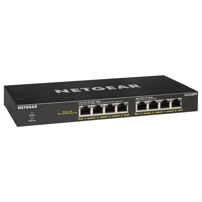 NETGEAR GS308PP - Switch PoE+ Gigabit No Administrado de 8 Puertos, 16 Gbit/s, 130W PoE, Montaje Rack/Pared, Negro NETGEAR GS308PP - Switch PoE+ Gigabit No Administrado de 8 Puertos, 16 Gbit/s, 130W PoE, Montaje Rack/Pared, Negro