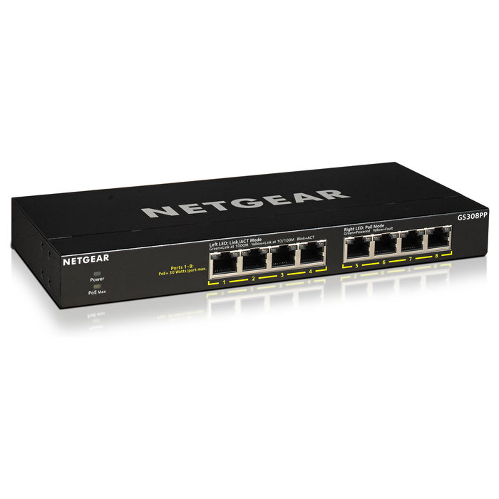 NETGEAR GS308PP - Switch PoE+ Gigabit No Administrado de 8 Puertos, 16 Gbit/s, 130W PoE, Montaje Rack/Pared, Negro NETGEAR GS308PP - Switch PoE+ Gigabit No Administrado de 8 Puertos, 16 Gbit/s, 130W PoE, Montaje Rack/Pared, Negro