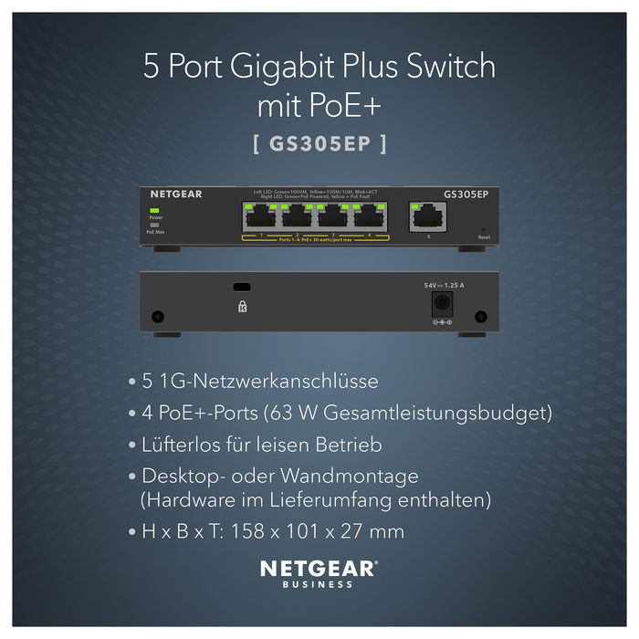 NETGEAR GS305EP-100PES Switch Gigabit Ethernet Inteligente Gestionado, 5 Puertos, PoE+, 63W