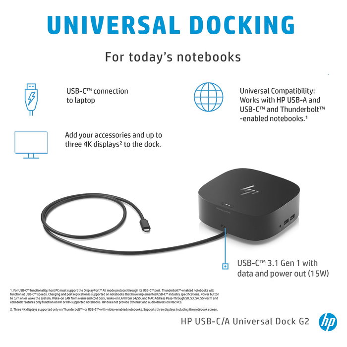 HP USB-C Dock G5 - Docking Station con 100W, 4x USB-A 3.2, 1x USB-C, HDMI 2.0, 2x DisplayPort, Ethernet para Portátiles HP EliteBook/ProBook/ZBook, Windows/macOS/Chrome