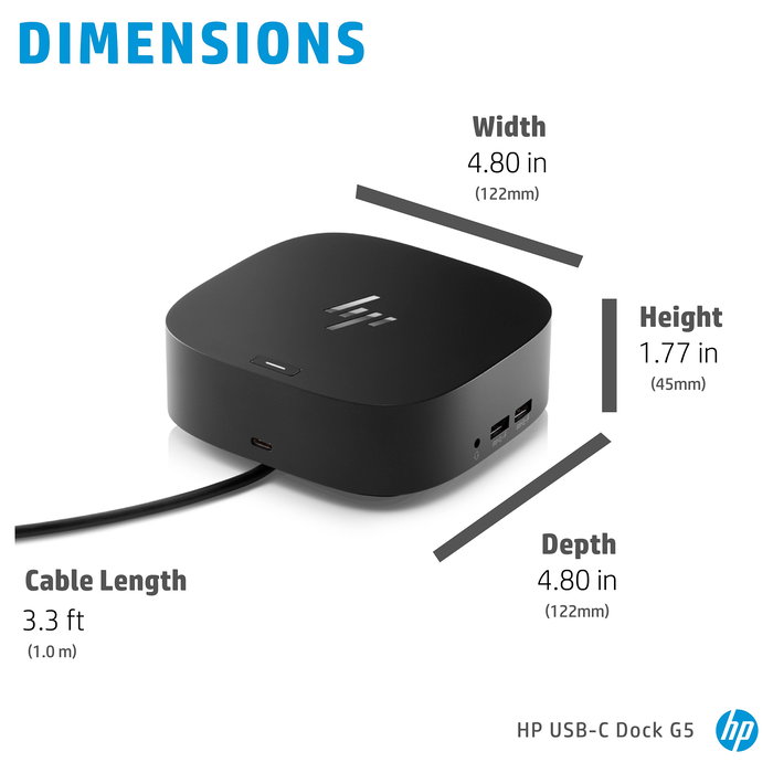 HP USB-C Dock G5 - Docking Station con 100W, 4x USB-A 3.2, 1x USB-C, HDMI 2.0, 2x DisplayPort, Ethernet para Portátiles HP EliteBook/ProBook/ZBook, Windows/macOS/Chrome
