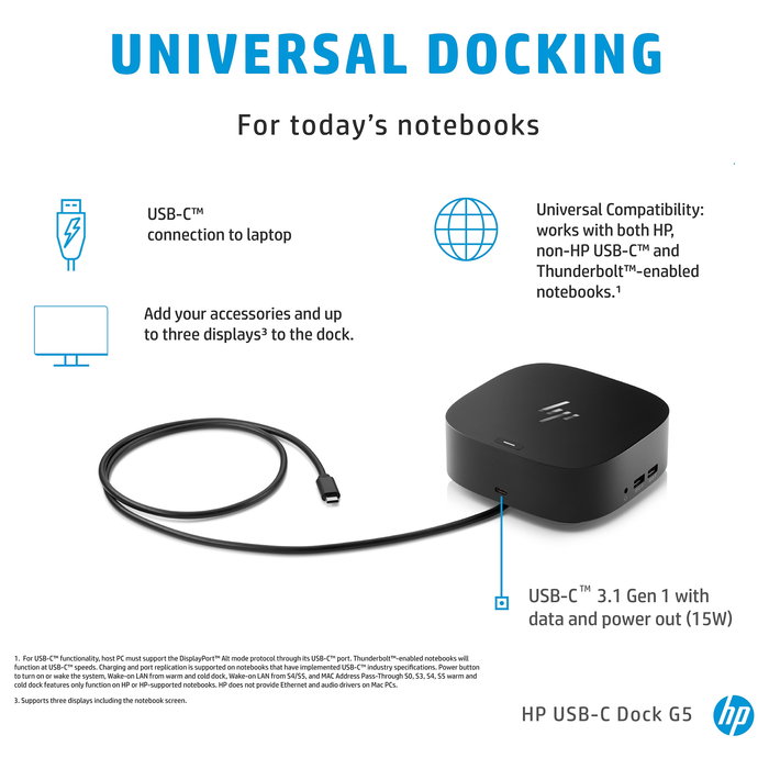 HP USB-C Dock G5 - Docking Station con 100W, 4x USB-A 3.2, 1x USB-C, HDMI 2.0, 2x DisplayPort, Ethernet para Portátiles HP EliteBook/ProBook/ZBook, Windows/macOS/Chrome