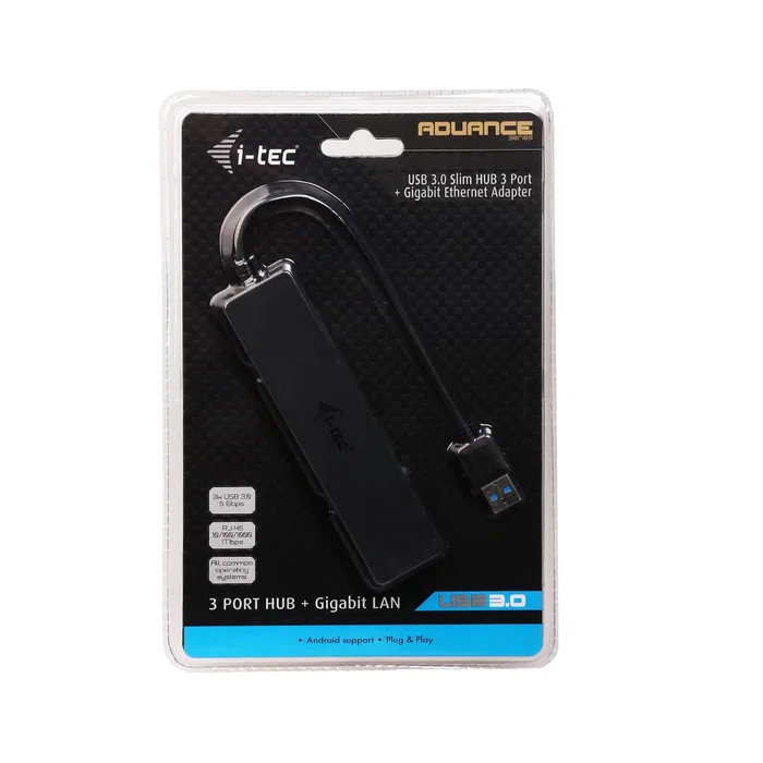 I-tec Advance U3GL3SLIM - Hub USB 3.0 Slim de 3 Puertos con Adaptador Gigabit Ethernet para Portátil, Ultrabook, Tablet, PC - Compatible con Windows, Mac, Linux - Negro