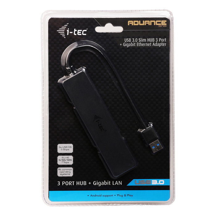 I-Tec USB 3.0 Slim Hub + Gigabit Ethernet Adaptador 3 Puertos Negro