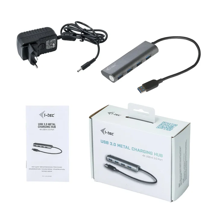 i-tec U3HUB448 Hub USB 3.2 Gen 1 (SuperSpeed) de 4 Puertos de Alimentación Externa, Metal Gris, 5000 Mbit/s, Plug & Play, para PC/Mac