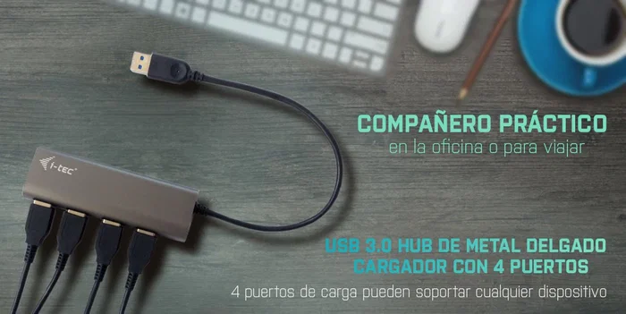 i-tec U3HUB448 Hub USB 3.2 Gen 1 (SuperSpeed) de 4 Puertos de Alimentación Externa, Metal Gris, 5000 Mbit/s, Plug & Play, para PC/Mac