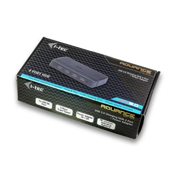 i-tec U3HUB445 Hub USB 3.2 Gen 1 de 4 Puertos con Carga BC 1.2 y Adaptador de Corriente, 5 Gbps, Negro