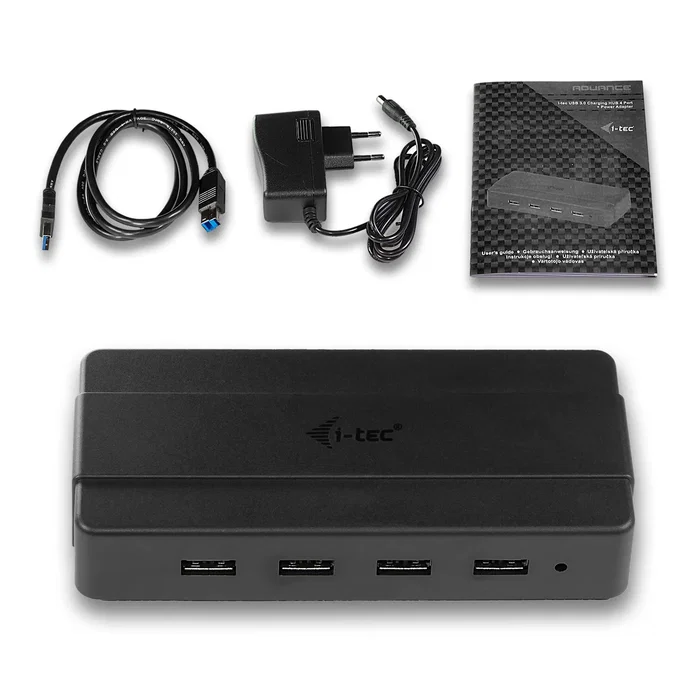 i-tec U3HUB445 Hub USB 3.2 Gen 1 de 4 Puertos con Carga BC 1.2 y Adaptador de Corriente, 5 Gbps, Negro