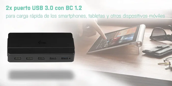 i-tec U3HUB742 Hub USB 3.2 Gen 1 (3.1 Gen 1) de 7 Puertos con Carga Rápida BC 1.2 y Adaptador de Alimentación 12V/2A - 5000 Mbit/s - Negro