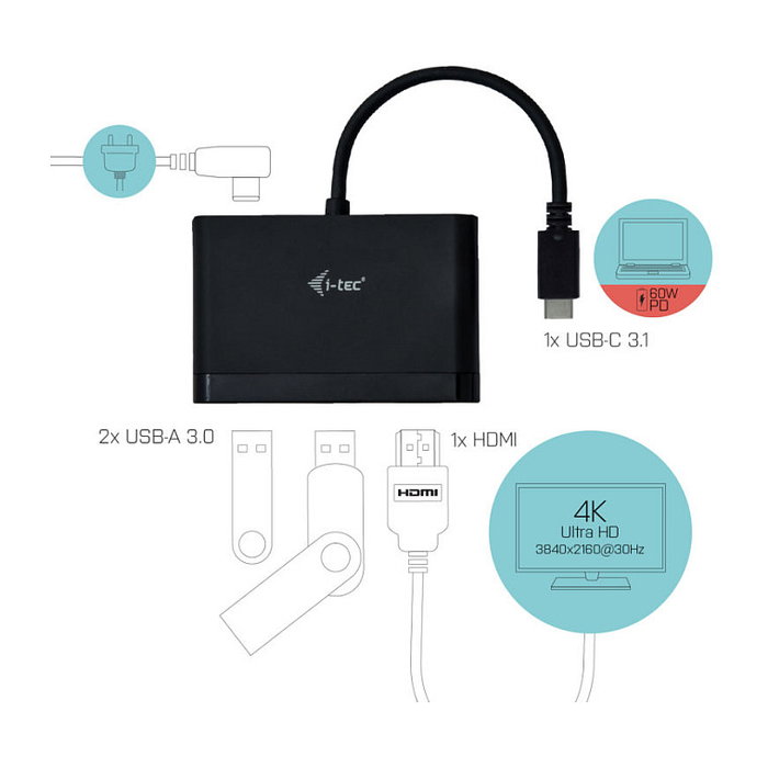 I-Tec RTS5403/RTS5404/RTS5411/PS176 Adaptador de Viaje USB-C a HDMI con 2 Puertos USB 3.2, Negro