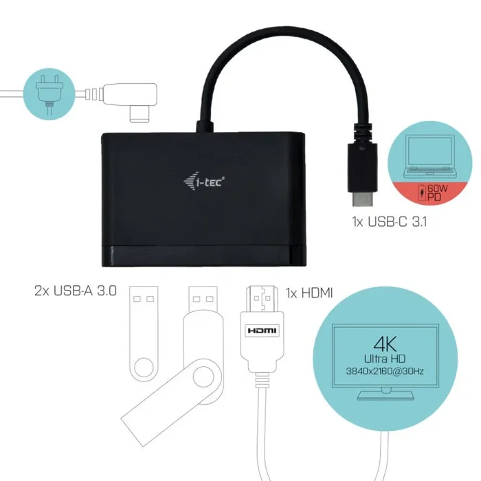 i-tec C31DTPDHDMI Adaptador USB-C a HDMI con 4K, Power Delivery 60W, 2x USB 3.0, Compatible con MacBook, Dell XPS, para Portátil, Tablet y Smartphone