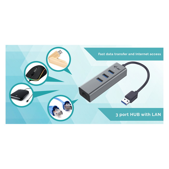 I-tec Hub USB 3.0 Metálico con 3 Puertos USB 3.0 y Adaptador Gigabit Ethernet Gris I-tec Hub USB 3.0 Metálico con 3 Puertos USB 3.0 y Adaptador Gigabit Ethernet Gris