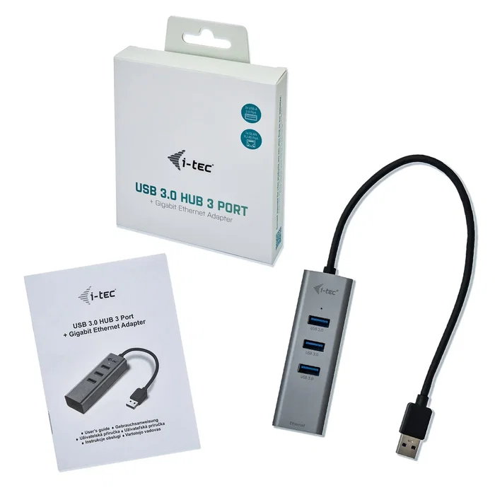 I-TEC U3METALG3HUB Hub USB 3.0 de 3 Puertos y Adaptador Gigabit Ethernet RJ-45, Metal, Gris, 5000 Mbit/s, Plug & Play, Compatible con Windows, macOS, Linux