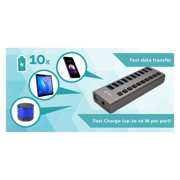 I-tec Hub de Carga USB 3.0 con 10 Puertos y Adaptador de 48W