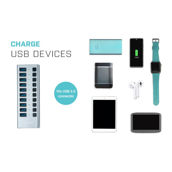 I-tec Hub de Carga USB 3.0 con 10 Puertos y Adaptador de 48W