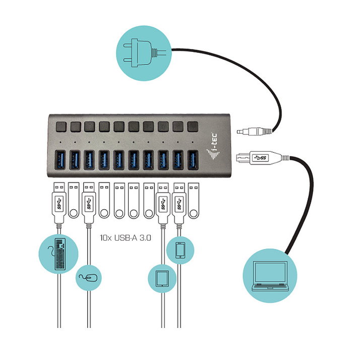 I-tec Hub de Carga USB 3.0 con 10 Puertos y Adaptador de 48W