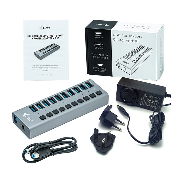 I-tec Hub de Carga USB 3.0 con 10 Puertos y Adaptador de 48W