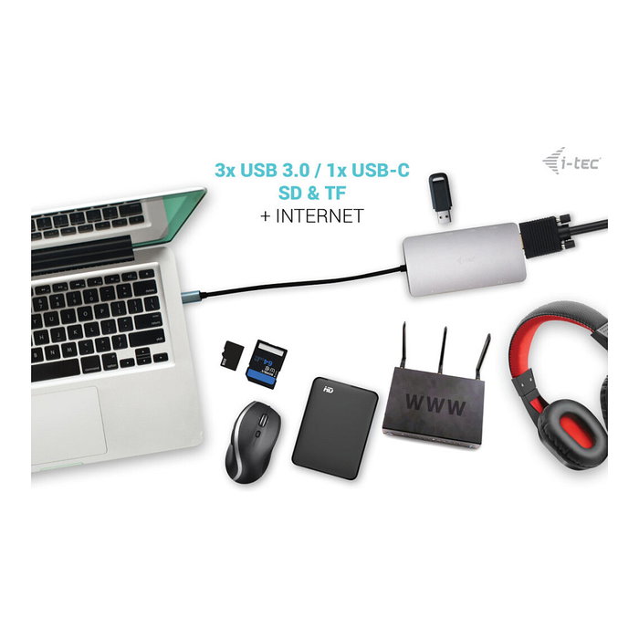 I-TEC D I-TEC USB-C NANO DOCK HDMI/VGA, Base Metal USB-C Nano para Viaje con HDMI, VGA, LAN, 100W PD, 3.5mm, Lector SD/MicroSD, Plata