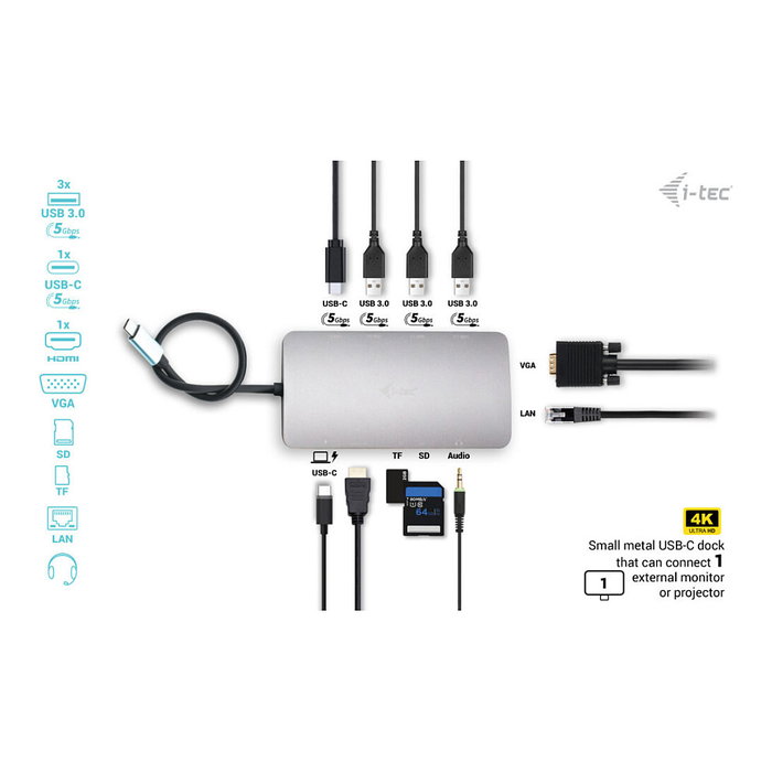 I-TEC D I-TEC USB-C NANO DOCK HDMI/VGA, Base Metal USB-C Nano para Viaje con HDMI, VGA, LAN, 100W PD, 3.5mm, Lector SD/MicroSD, Plata
