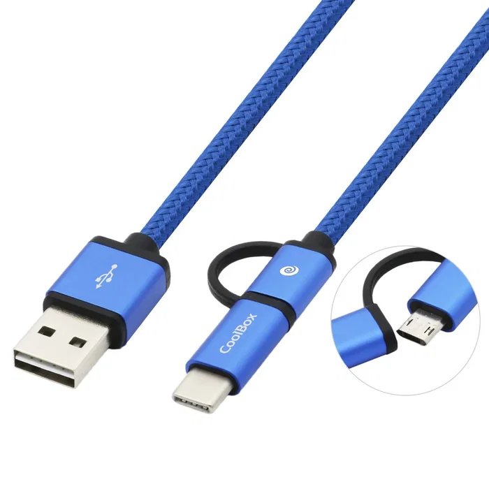 Coolbox Cable USB 2.0 COO-CAB-U2MC-BL, Reversible, USB-A a USB-C/Micro-USB, Azul, 1 m