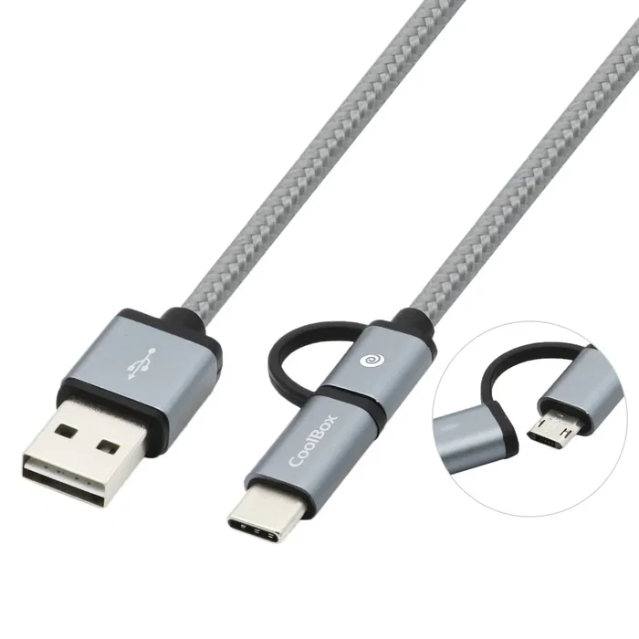CoolBox COO-CAB-U2MC-GR Cable USB 2.0 1m, USB A a USB-C y Micro-USB B Reversible Macho Gris, para Datos y Carga