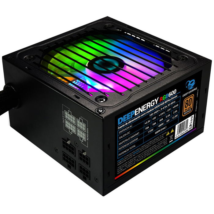 CoolBox Deep Energy RGB600 - Fuente Alimentación PC 600W ATX 80 Plus Bronze RGB Semimodular, Ventilador 120mm, Protecciones Múltiples, Alta Eficiencia Energética, Color Negro