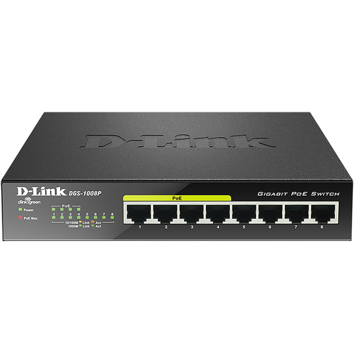 D-Link DGS-1008P Switch Gigabit de 8 puertos con 4 puertos PoE+ D-Link DGS-1008P Switch Gigabit de 8 puertos con 4 puertos PoE+