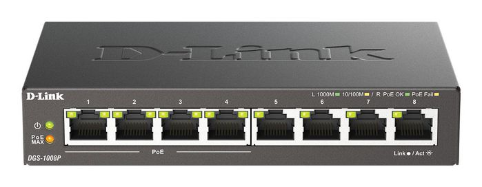 D-Link DGS-1008P Switch Gigabit de 8 puertos con 4 puertos PoE+ D-Link DGS-1008P Switch Gigabit de 8 puertos con 4 puertos PoE+