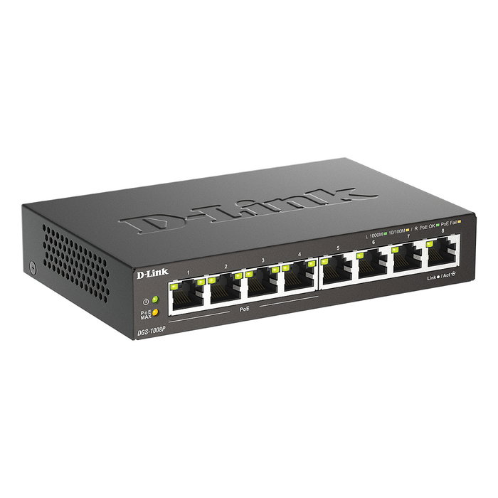 D-Link DGS-1008P Switch Gigabit de 8 puertos con 4 puertos PoE+ D-Link DGS-1008P Switch Gigabit de 8 puertos con 4 puertos PoE+