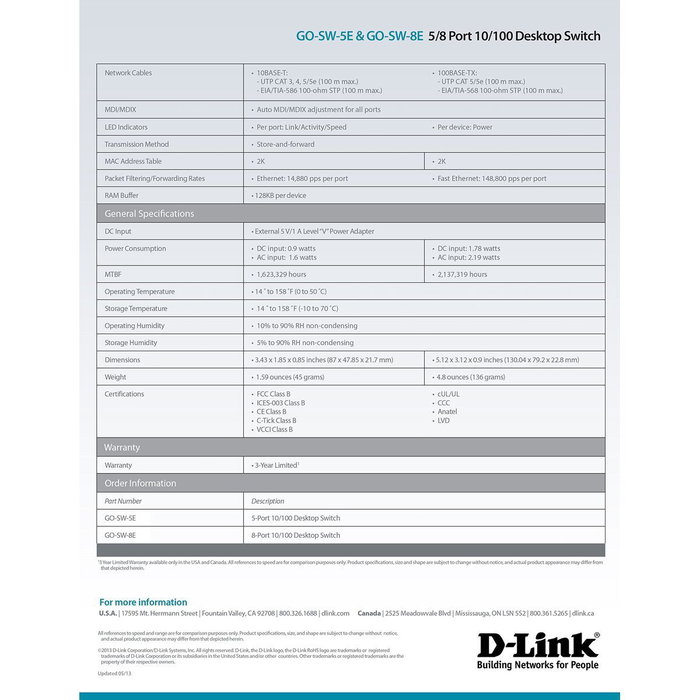 D-Link GO-SW-5E Switch de 5 puertos Fast Ethernet 10/100 Mbps D-Link GO-SW-5E Switch de 5 puertos Fast Ethernet 10/100 Mbps