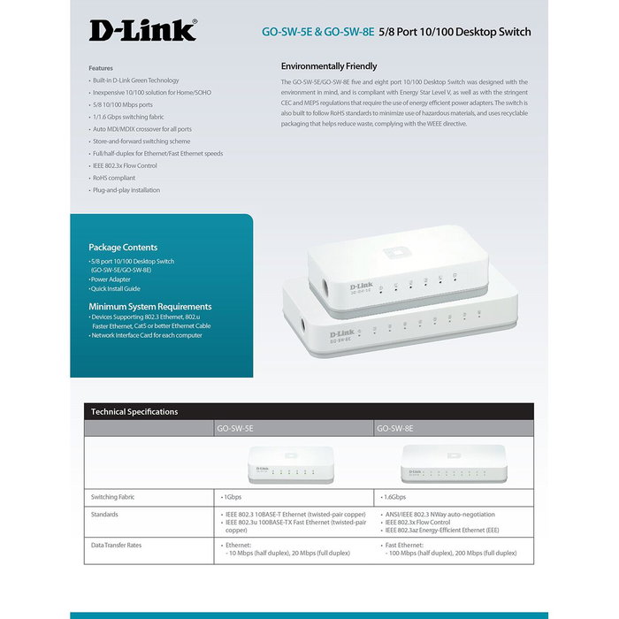 D-Link GO-SW-5E Switch de 5 puertos Fast Ethernet 10/100 Mbps D-Link GO-SW-5E Switch de 5 puertos Fast Ethernet 10/100 Mbps
