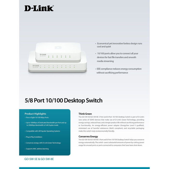 D-Link GO-SW-8E Switch de 8 puertos Fast Ethernet 10/100 Mbps Blanco