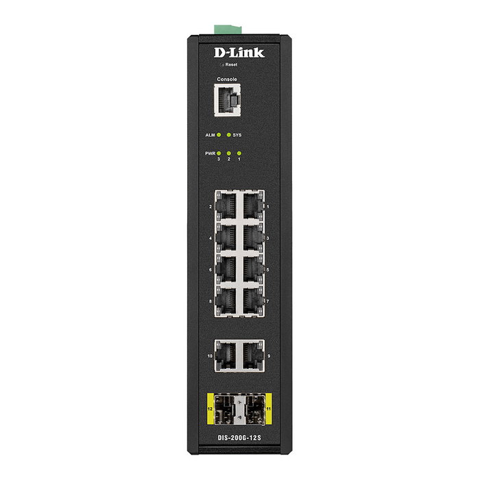 D-Link DIS-200G-12S Switch Industrial Gestionado L2, 12 Puertos (10x Gigabit RJ-45 + 2x SFP), Montaje Rack/Pared/DIN, 24 Gbit/s, IP30, -40 a 65 °C