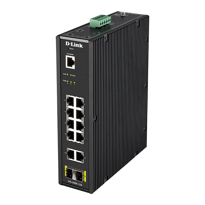 D-Link DIS-200G-12S Switch Industrial Gestionado L2, 12 Puertos (10x Gigabit RJ-45 + 2x SFP), Montaje Rack/Pared/DIN, 24 Gbit/s, IP30, -40 a 65 °C