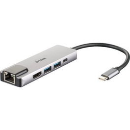 D-Link DUB-M520 Hub USB-C, 2xUSB 3.0, 1xHDMI 4K @30Hz, 1xRJ45 Gigabit, 1xThunderbolt 3, Alimentación 60W, Plug & Play, Gris