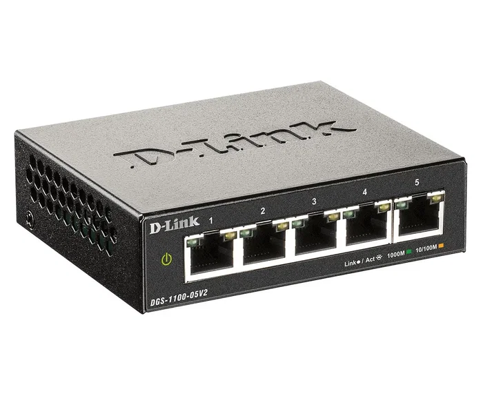 D-Link DGS-1100-05V2/E Switch Gigabit Ethernet Gestionado L2 5 Puertos (10/100/1000), QoS, Administración Web y Cloud, Negro, Sin Ventilador