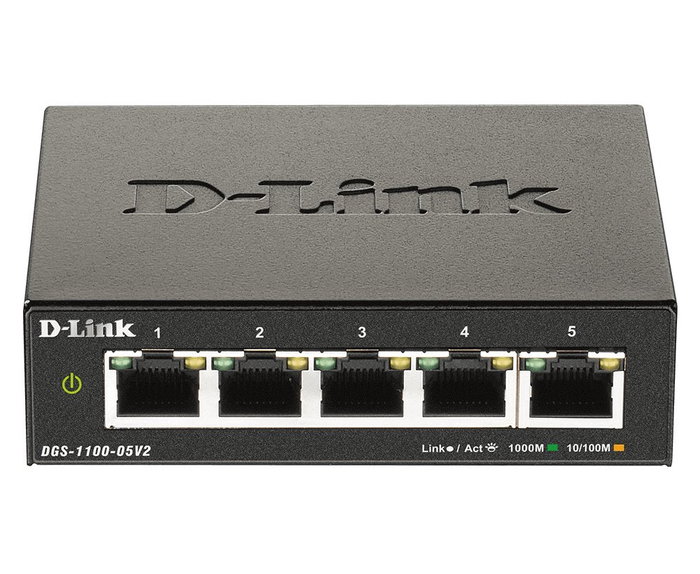 D-Link DGS-1100-05V2/E Switch Gigabit Ethernet Gestionado L2 5 Puertos (10/100/1000), QoS, Administración Web y Cloud, Negro, Sin Ventilador