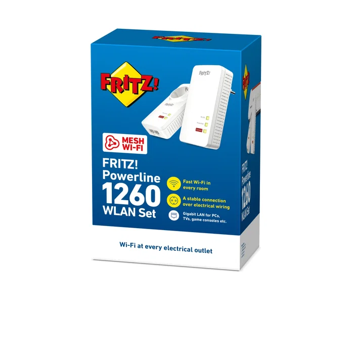 AVM FRITZ!Powerline 1260E WLAN Set International, Adaptador de Red Powerline PLC 1200 Mbps, con Gigabit Ethernet y WiFi AC, Blanco, Pack de 2 Unidades