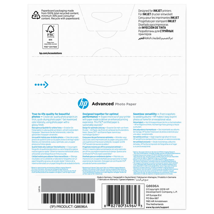 HP Papel Fotográfico Advanced Glossy 13x18 cm, 25 Hojas, 250 g/m² HP Papel Fotográfico Advanced Glossy 13x18 cm, 25 Hojas, 250 g/m²